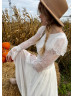 Long Sleeves Ivory French Lace Chiffon Boho Beach Wedding Dress